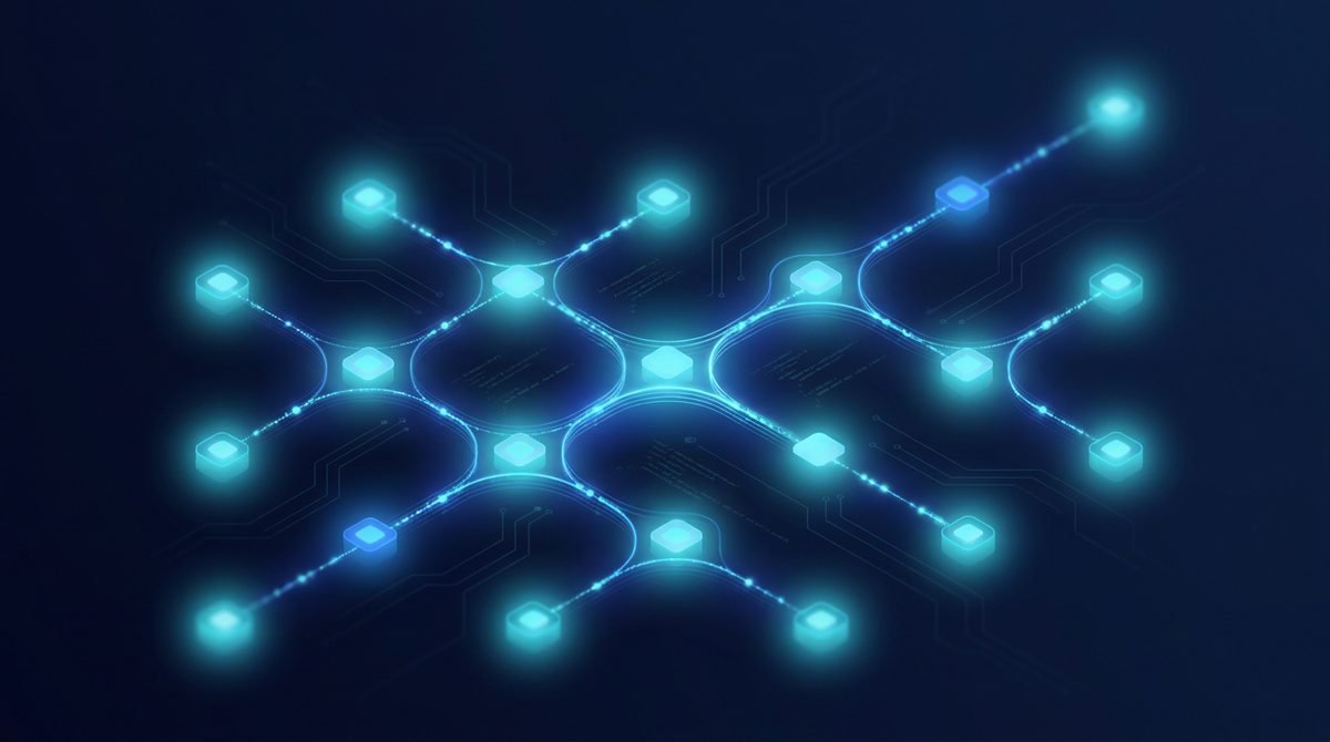 Visualización abstracta de una red neuronal con nodos conectados, simbolizando la orquestación de agentes de IA